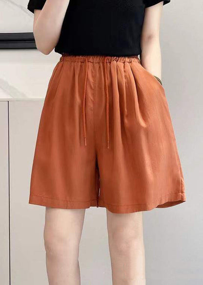 Simple Yellow Pockets Elastic Waist Solid Cotton Shorts Summer