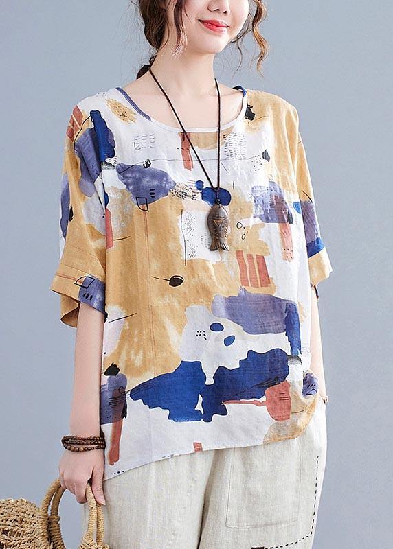 Simple Yellow Print Cotton Linen Shirt Top Summer - SooLinen