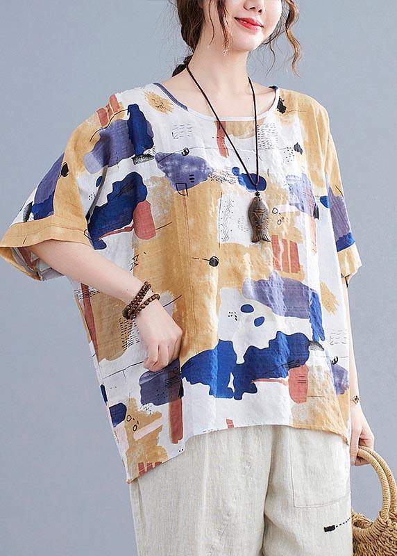 Simple Yellow Print Cotton Linen Shirt Top Summer - SooLinen