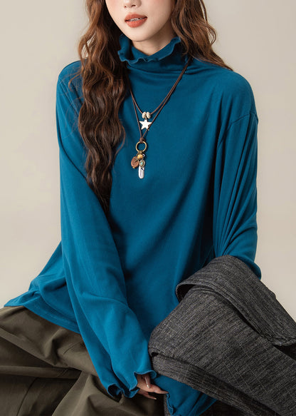 Einfaches gelbes Rüschen-T-Shirt mit hohem Kragen aus Baumwolle, Frühlings-T-Shirt