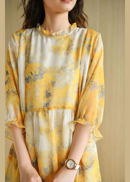 Simple Yellow Ruffled Print Pockets Summer Chiffon Vacation Dress Half Sleeve - SooLinen