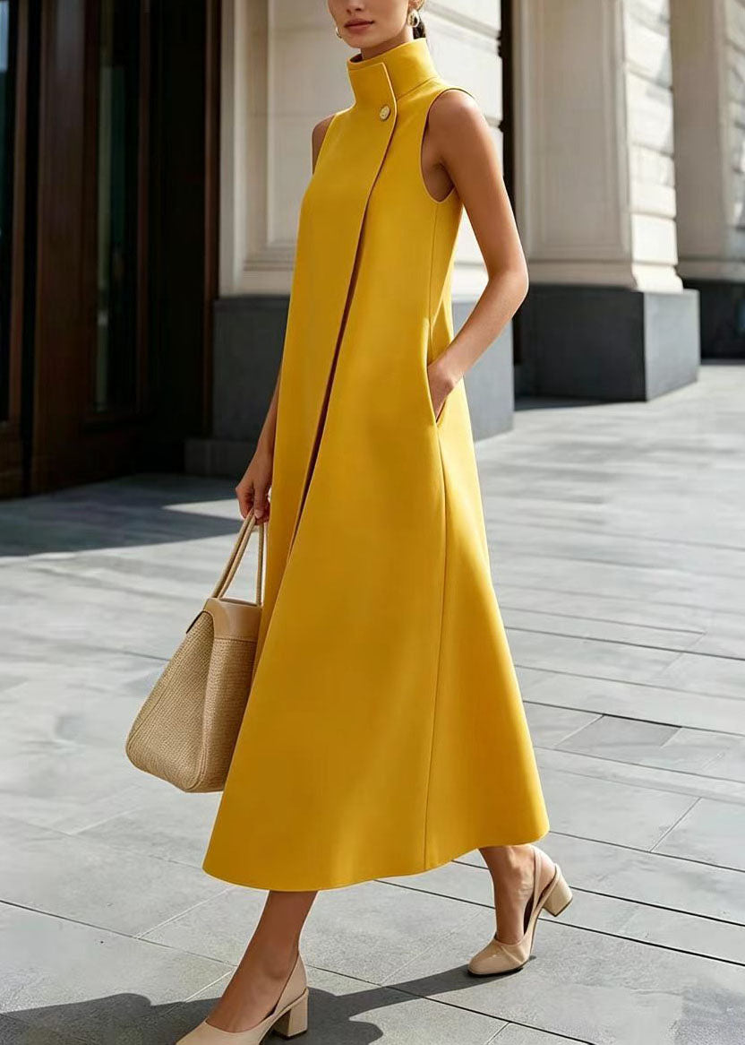 Simple Yellow Stand Collar Button Dresses Sleeveless