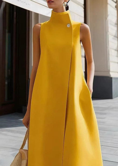 Simple Yellow Stand Collar Button Dresses Sleeveless