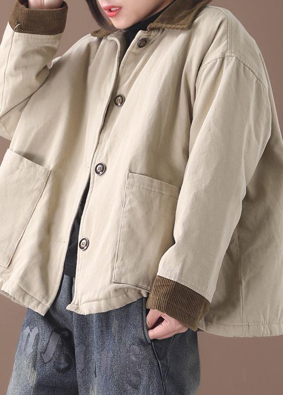 Simple beige Fine crane coats Work lapel patchwork outwear - SooLinen