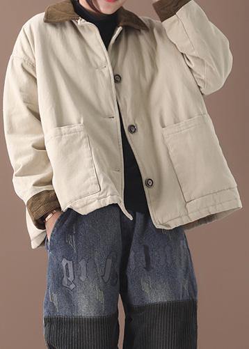 Simple beige Fine crane coats Work lapel patchwork outwear - SooLinen