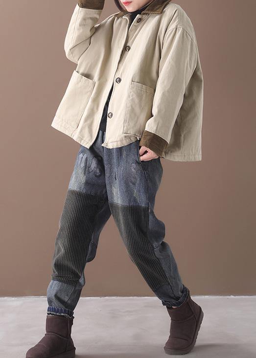 Simple beige Fine crane coats Work lapel patchwork outwear - SooLinen