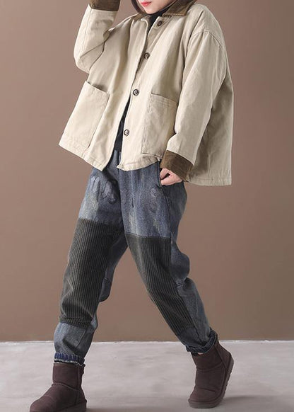 Simple beige Fine crane coats Work lapel patchwork outwear - SooLinen