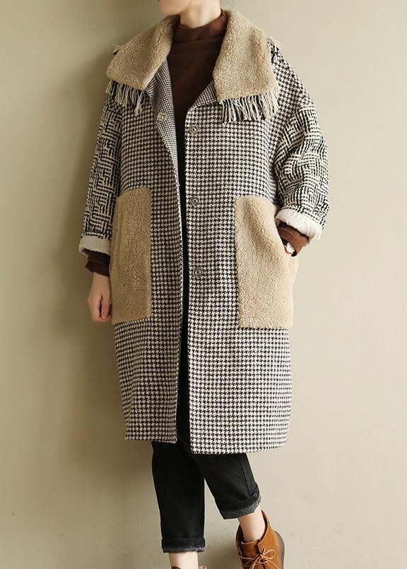 Simple big pockets Plus Size patchwork box coat plaid daily outwears - SooLinen