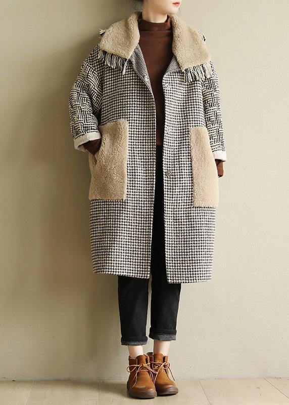 Simple big pockets Plus Size patchwork box coat plaid daily outwears - SooLinen