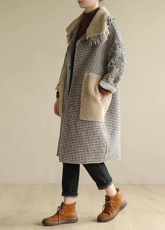 Simple big pockets Plus Size patchwork box coat plaid daily outwears - SooLinen