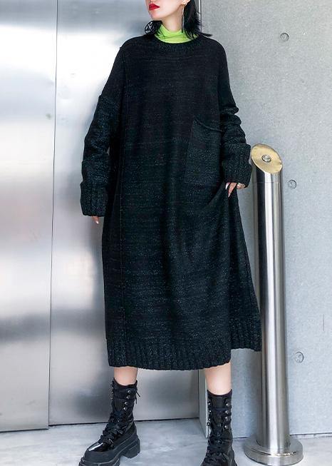 Simple big pockets Sweater fall dress DIY black Tejidos knitted dress - SooLinen