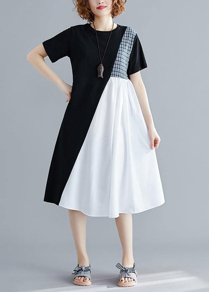 Simple black Cotton quilting clothes o neck patchwork Plus Size summer Dress - SooLinen