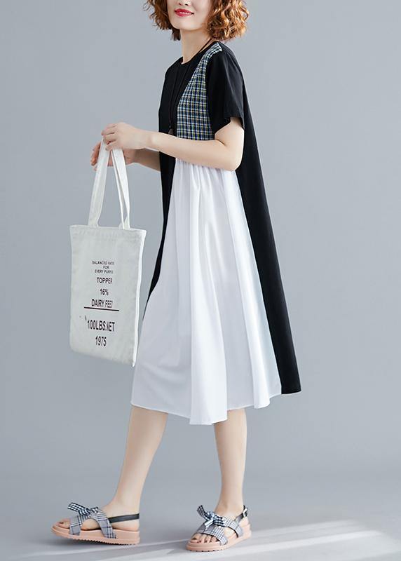 Simple black Cotton quilting clothes o neck patchwork Plus Size summer Dress - SooLinen