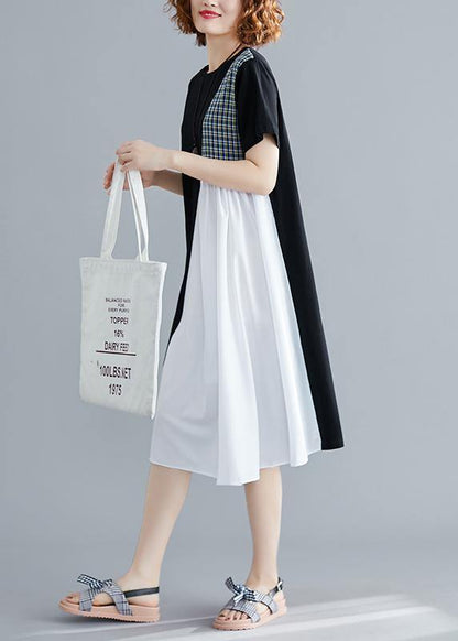Simple black Cotton quilting clothes o neck patchwork Plus Size summer Dress - SooLinen