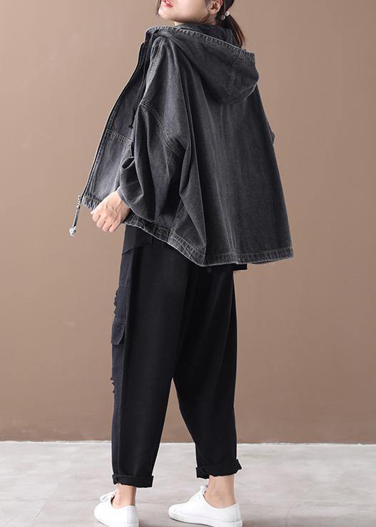 Simple black Fine tunics for women Neckline hooded zippered women coats - SooLinen