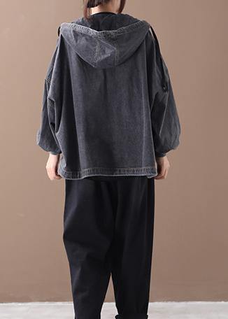 Simple black Fine tunics for women Neckline hooded zippered women coats - SooLinen