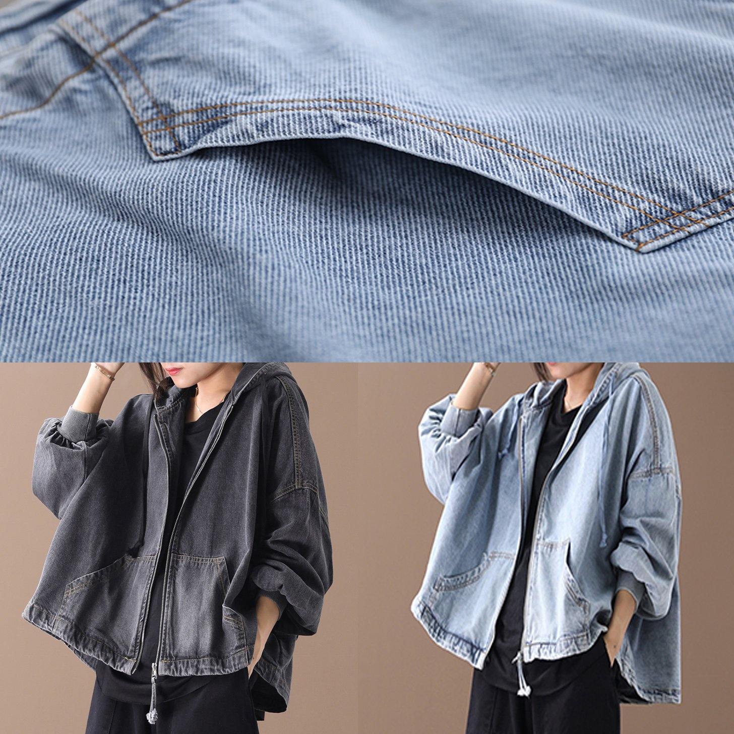 Simple black Fine tunics for women Neckline hooded zippered women coats - SooLinen