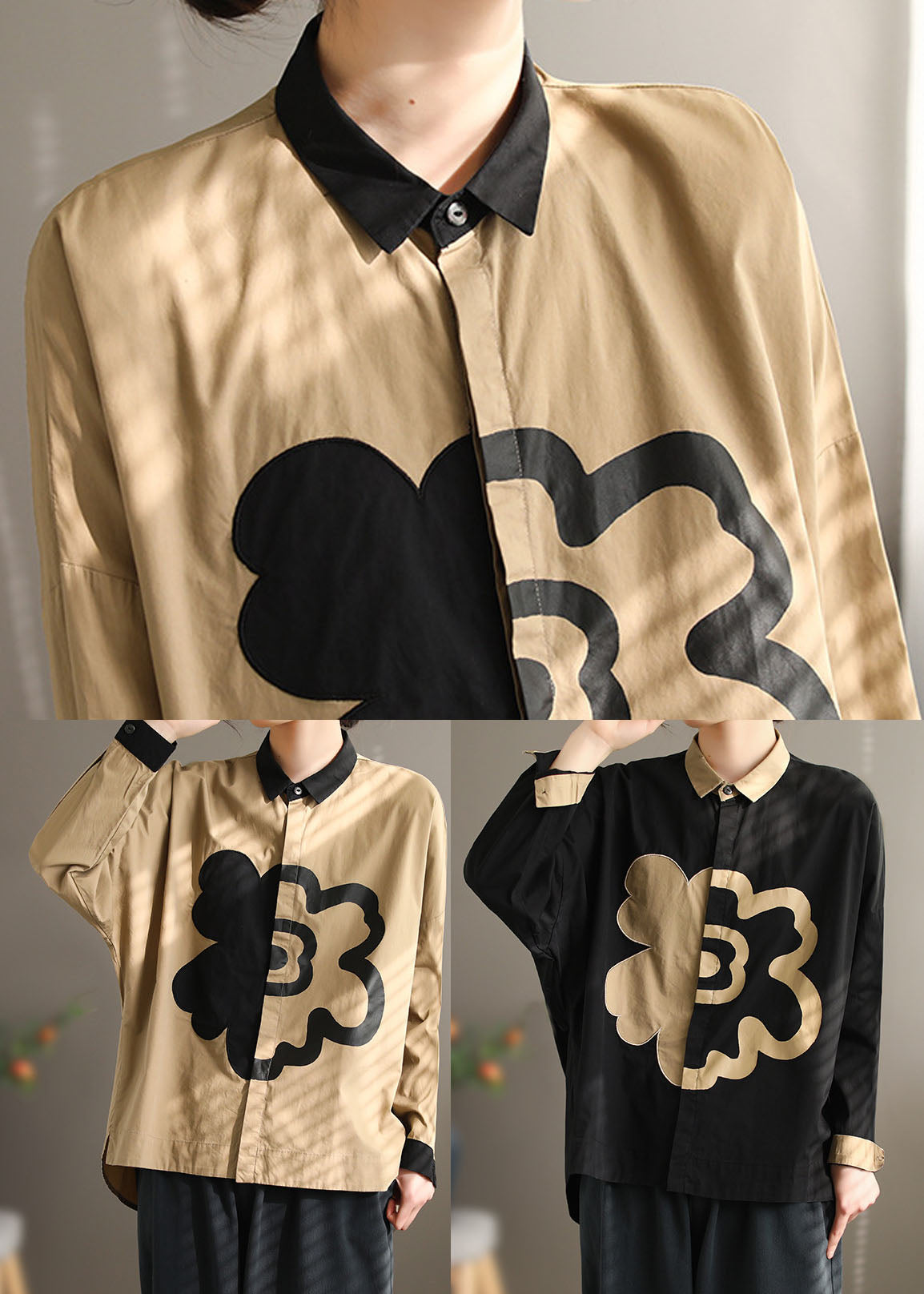 Schlichtes schwarzes Patchworkhemd mit Peter-Pan-Kragen und Fledermausärmeln