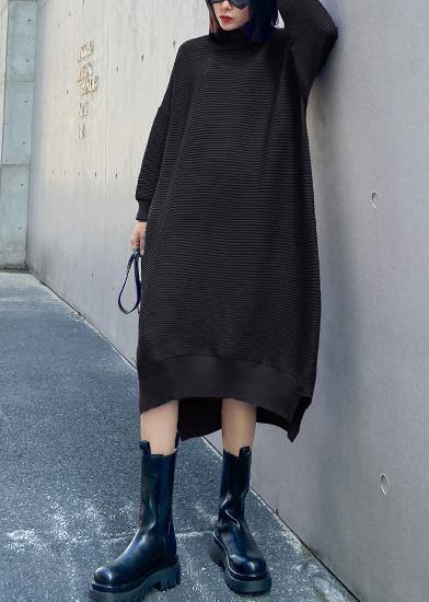 Simple black Sweater outfits Largo high neck low high design Art fall knit dress - SooLinen