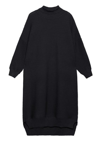 Simple black Sweater outfits Largo high neck low high design Art fall knit dress - SooLinen