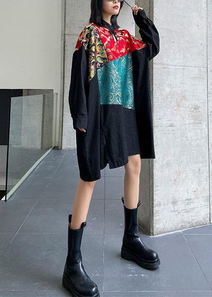 Simple black clothes stand collar patchwork print Dress - SooLinen