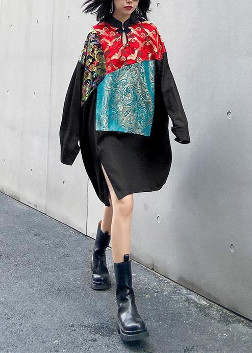 Simple black clothes stand collar patchwork print Dress - SooLinen