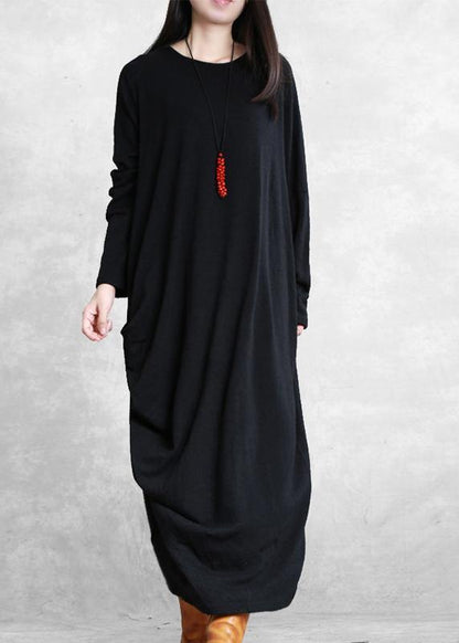 Simple black cotton clothes asymmetric cotton robes wild Dress - SooLinen