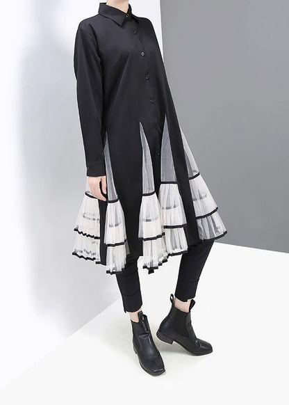 Simple black cotton clothes big hem Maxi patchwork shirt Dress - SooLinen