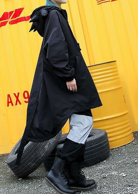 Simple black hooded Fine tunic pattern Work Outfits low high design fall outwears - SooLinen