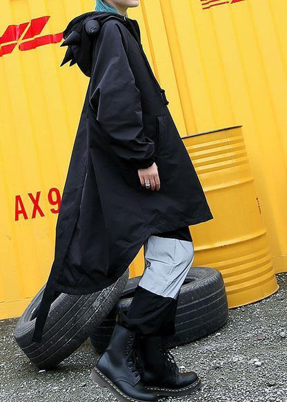 Simple black hooded Fine tunic pattern Work Outfits low high design fall outwears - SooLinen