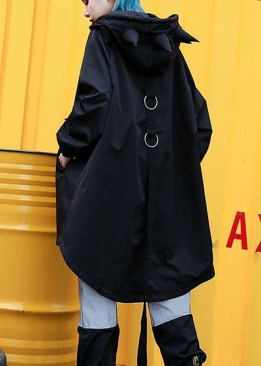 Simple black hooded Fine tunic pattern Work Outfits low high design fall outwears - SooLinen