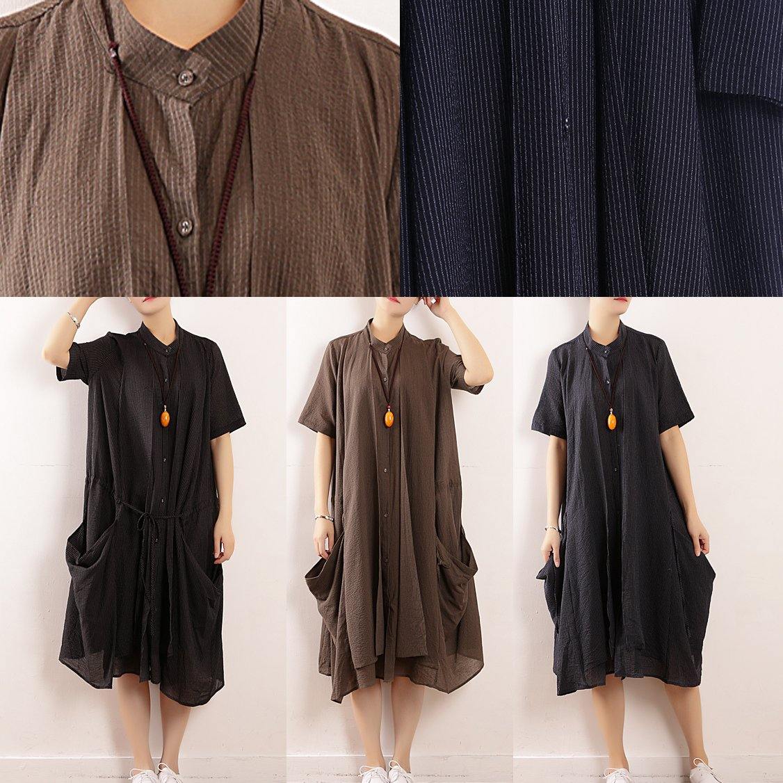 Simple black linen quilting dresses 2019 design stand collar long summer Dresses - SooLinen