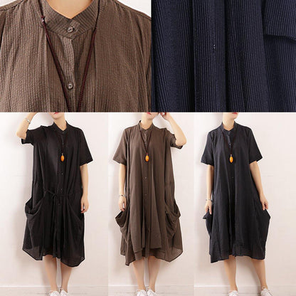 Simple black linen quilting dresses 2019 design stand collar long summer Dresses - SooLinen