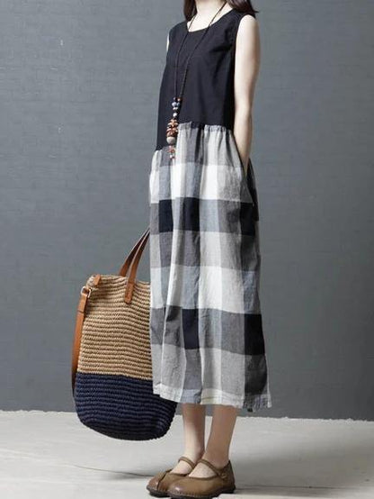 Simple black patchwork Plaid linen Tunic sleeveless Knee Dress - SooLinen