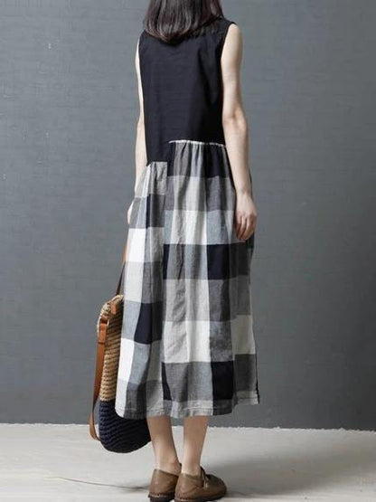 Simple black patchwork Plaid linen Tunic sleeveless Knee Dress - SooLinen