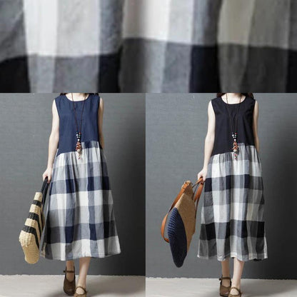 Simple black patchwork Plaid linen Tunic sleeveless Knee Dress - SooLinen