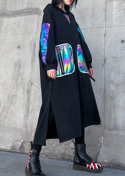 Simple black patchwork cotton quilting clothes side open Maxi hooded Dress - SooLinen