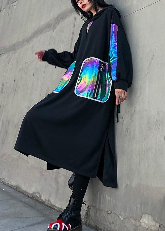 Simple black patchwork cotton quilting clothes side open Maxi hooded Dress - SooLinen