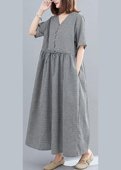 Simple black plaid linen cotton dresses v neck drawstring loose Dresses - SooLinen