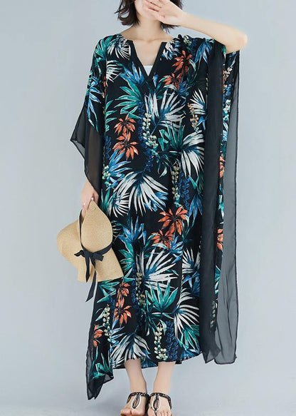 Simple black print chiffon dresses Omychic Fashion Ideas v neck patchwork Traveling Summer Dress - SooLinen