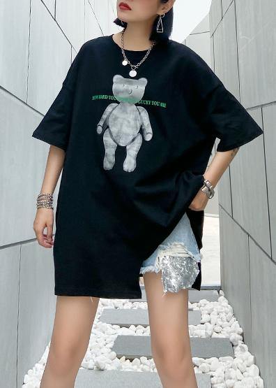 Simple black print cotton clothes o neck Dresses top - SooLinen