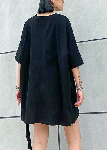 Simple black print cotton clothes o neck Dresses top - SooLinen