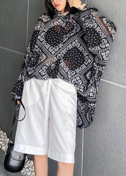 Simple black print tunics for women lapel Button Down Plus Size Clothing tops - SooLinen