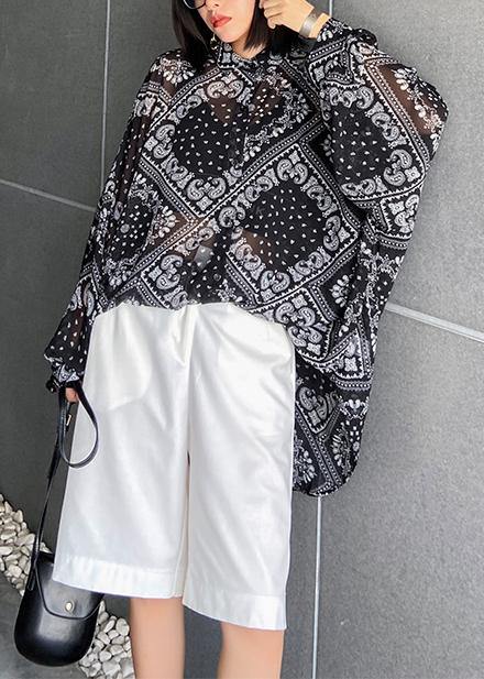 Simple black print tunics for women lapel Button Down Plus Size Clothing tops - SooLinen