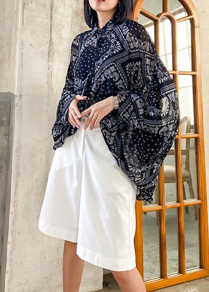 Simple black print tunics for women lapel Button Down Plus Size Clothing tops - SooLinen