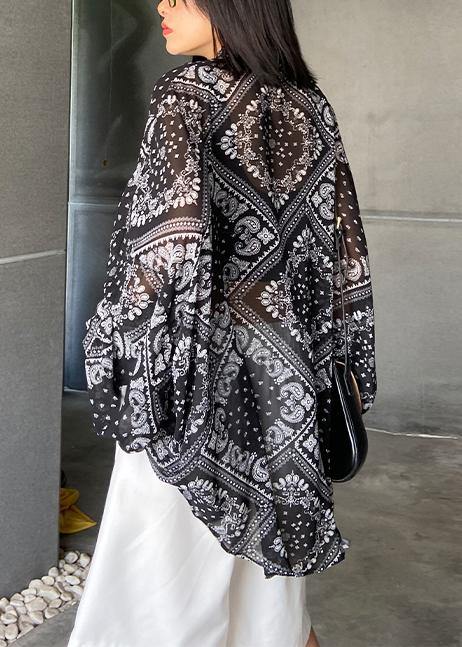 Simple black print tunics for women lapel Button Down Plus Size Clothing tops - SooLinen