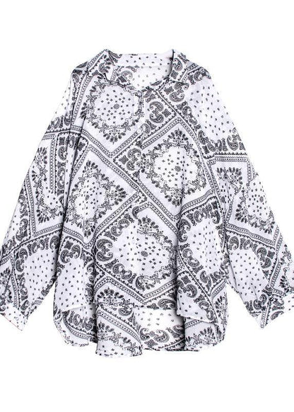 Simple black print tunics for women lapel Button Down Plus Size Clothing tops - SooLinen