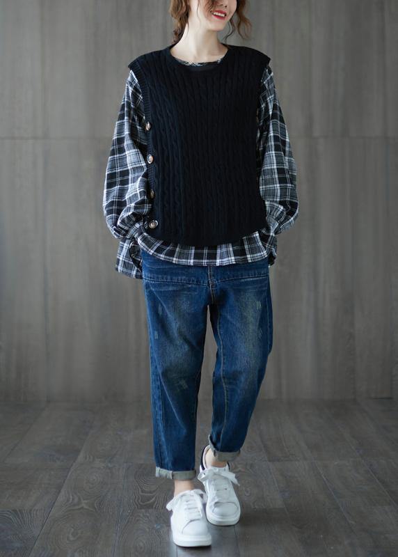 Simple black shirts women o neck patchwork cotton top - SooLinen