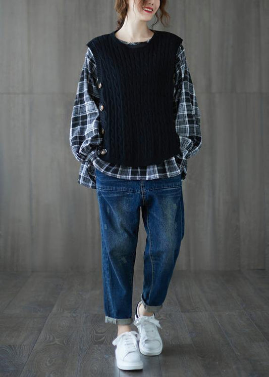 Simple black shirts women o neck patchwork cotton top - SooLinen