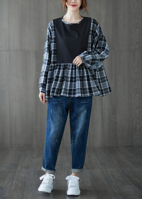 Simple black shirts women o neck patchwork cotton top - SooLinen